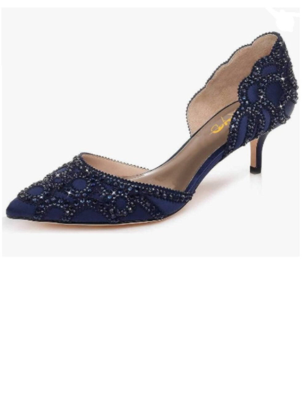 XYD Navy Pumps, Elegant Pointed Toe, D'Orsay Kitten Low Heels, Rhinestone Shoes